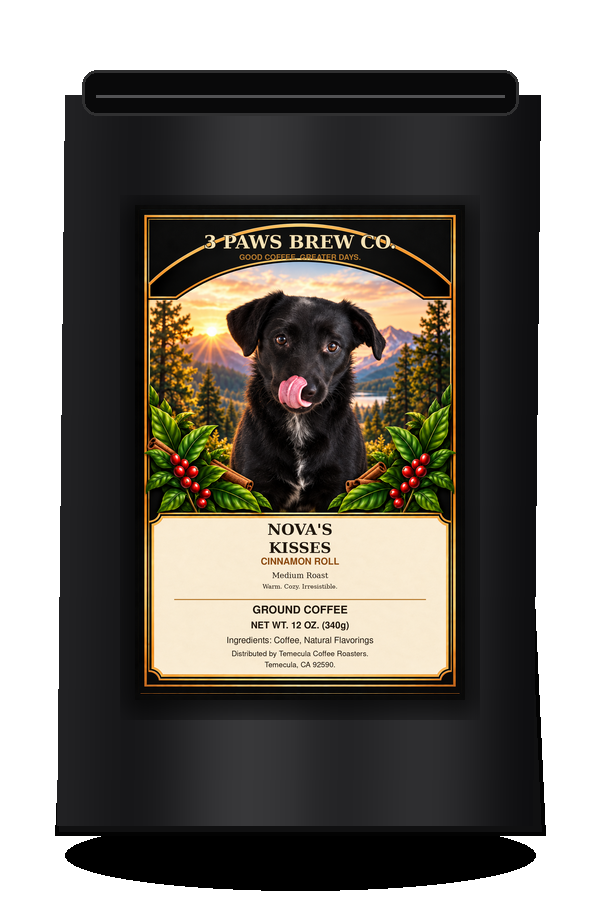 Nova’s Kisses Cinnabun exact approved label on black coffee bag