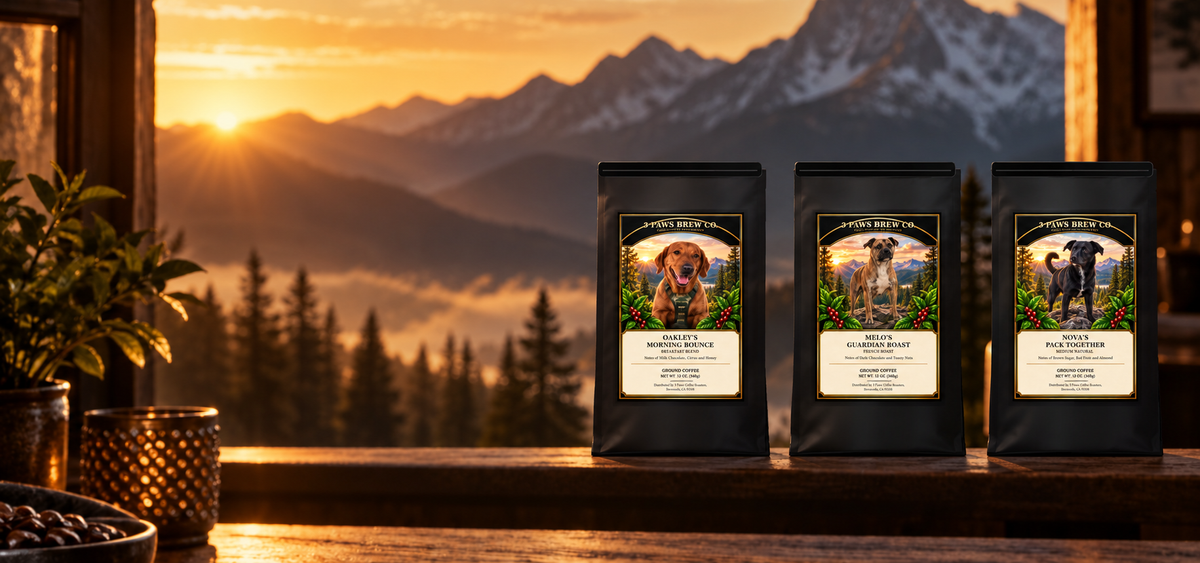 Oakley, Melo and Nova coffee bags overlooking a warm mountain sunrise