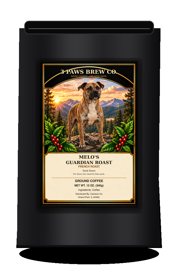Melo’s Guardian Roast French Roast exact approved label on black coffee bag
