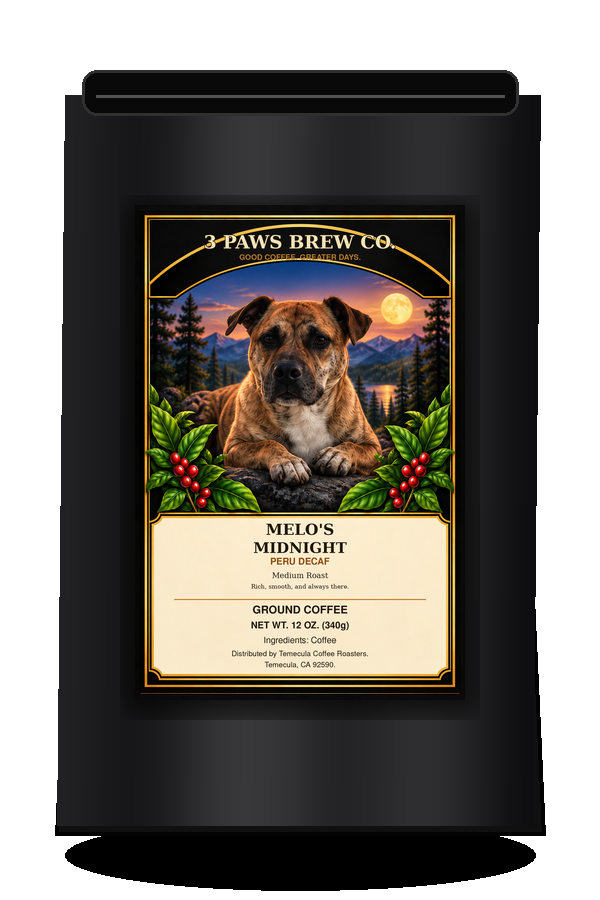 Melo’s Midnight Peru Decaf exact approved label on black coffee bag