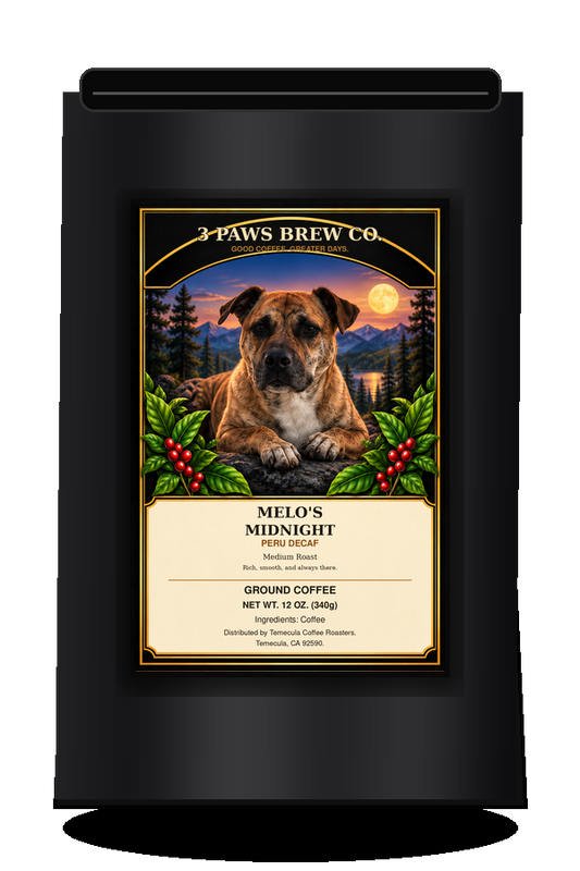 Melo’s Midnight Peru Decaf exact approved label on black coffee bag