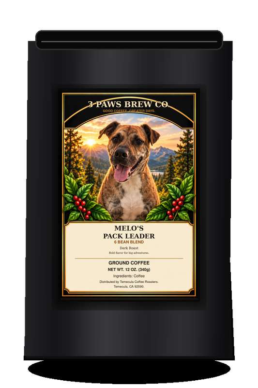 Melo’s Pack Leader 6 Bean Blend exact approved label on black coffee bag