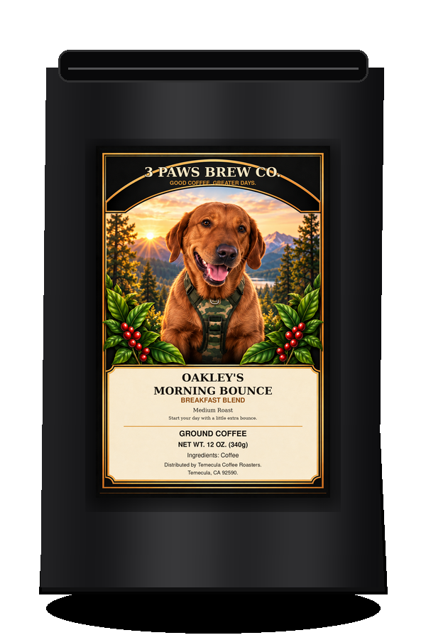 Oakley’s Morning Bounce Breakfast Blend exact approved label on black coffee bag