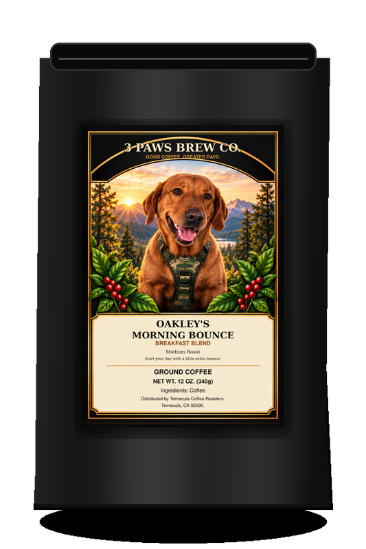 Oakley’s Morning Bounce Breakfast Blend exact approved label on black coffee bag