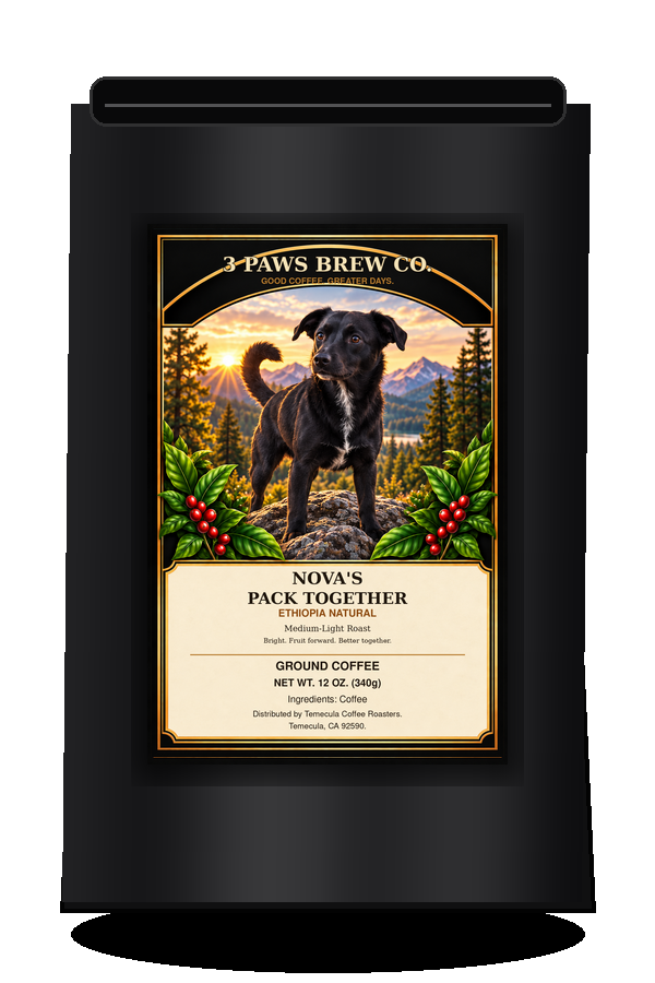 Nova’s Pack Together Ethiopia Natural exact approved label on black coffee bag