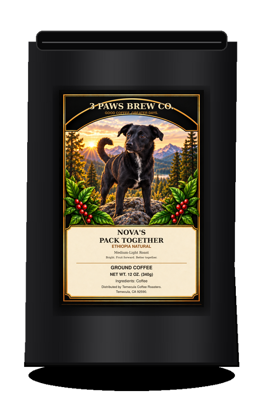 Nova’s Pack Together Ethiopia Natural exact approved label on black coffee bag