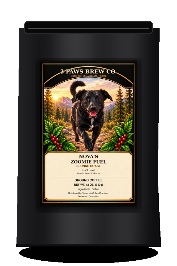 Nova’s Zoomie Fuel Blonde Roast exact approved label on black coffee bag