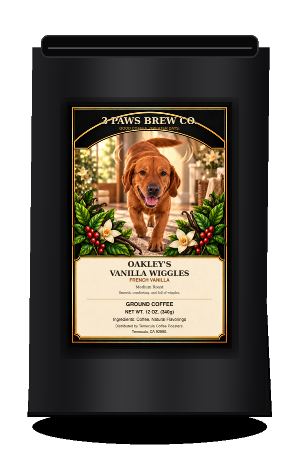 Oakley’s Vanilla Wiggles French Vanilla exact approved label on black coffee bag