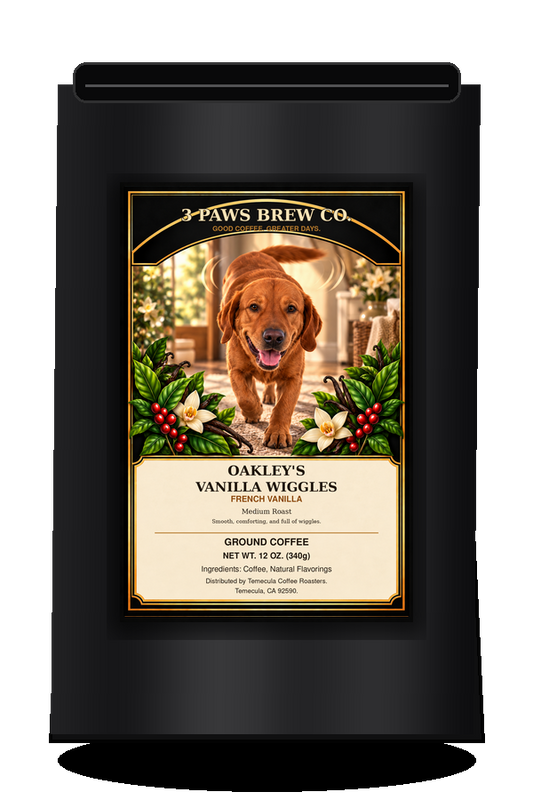 Oakley’s Vanilla Wiggles French Vanilla exact approved label on black coffee bag