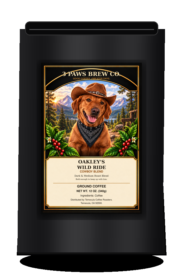 Oakley’s Wild Ride Cowboy Blend exact approved label on black coffee bag